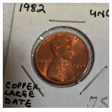 1982-D UNC Copper Large Date, 1960-D UNC Large Date, 1960-D MS-64, and a Small Date Lincoln cent