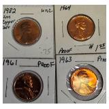 1982 UNC Small Copper Dated Lincoln Cent Proof, 1964, 1961, and 1963 Lincoln Cent Proofs