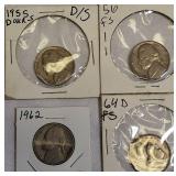 1955 D/S Jefferson Nickel, 1956 FS Jefferson Nickel, 1962 Jefferson Nickel, and 1964 D FS Jefferson Nickel.