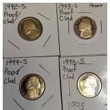 1992-S Jefferson Proof Nickel, 1993-S Proof Clad Nickel, 1994-S Proof Clad Nickel, and 1995-S Proof Clad Nickel.