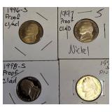 1996-S, 1997-S, 1998-S, and 1999-S Jefferson Nickel Proof Clad.
