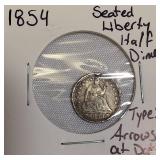 1854 Seated Liberty Half Dime, Type 3, with Arrows at the Date.