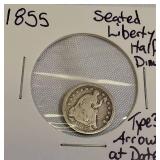 1855 Seated Liberty Half Dime, Type 3, with Arrows at the Date.