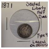 1871 Seated Liberty Half Dime, Type 4, with the legend on the obverse.