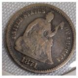 1871 Seated Liberty Half Dime, Type 4, with the legend on the obverse.