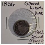 1856 Seated Liberty Dime, Type 2: Resumed Stars and Drapery.