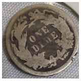 1875 Seated Liberty Dime, Type 4: features a resumed legend on the obverse.