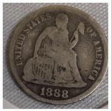 1888 Seated Liberty Dime, Type 4, with the legend resumed on the obverse.