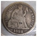 1888 Seated Liberty Dime, Type 4, with the legend resumed on the obverse.