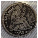 1889 Seated Liberty Dime, Type 4, with the legend resumed on the obverse.