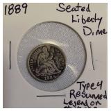 1889 Seated Liberty Dime, Type 4, with the legend resumed on the obverse.