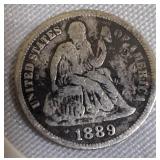 1889 Seated Liberty Dime, Type 4, with the legend resumed on the obverse.