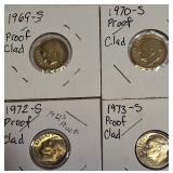 Roosevelt Clad Dime Proofs from the S Mint: 1969, 1970, 1972, and 1973.