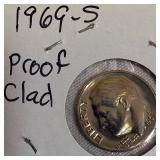 Roosevelt Clad Dime Proofs from the S Mint: 1969, 1970, 1972, and 1973.