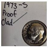 Roosevelt Clad Dime Proofs from the S Mint: 1969, 1970, 1972, and 1973.