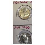 1964 Silver Washington Quarters, both graded MS66