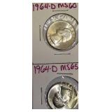 1964-D Silver Washington Quarters: One in MS60 condition and another in MS65 condition