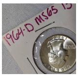 1964-D Silver Washington Quarters: One in MS60 condition and another in MS65 condition