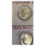 1964-D MS60 and 1964-D MS63 Silver Washington Quarters.