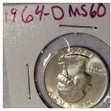 1964-D MS60 and 1964-D MS63 Silver Washington Quarters.