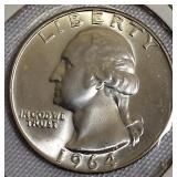 1964-D MS60 and 1964-D MS63 Silver Washington Quarters.