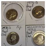1972 Clad Washington Proof Quarters and 1973, 1974, 1977-S Clad Washington Proof Quarters.