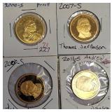 2000-S Proof Clad Dollar, 2007-S Thomas Jefferson, 2007-S James Adams, and 2011-S Andrew Johnson Clad Dollars