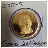 2000-S Proof Clad Dollar, 2007-S Thomas Jefferson, 2007-S James Adams, and 2011-S Andrew Johnson Clad Dollars