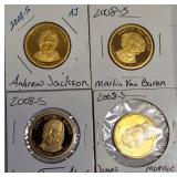 Four 2008 - S Clad Dollar Coins  featuring Jackson ,Martin Van Buren, John Quincy Adams & James Monroe