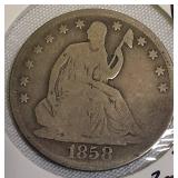 1858 Seated Liberty Half Dollar, Type 1, features no motto and no arrows.