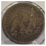 1858 Seated Liberty Half Dollar, Type 1, features no motto and no arrows.