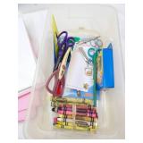 Desk Lamp w/clip, colored pencils, crayons, scissors, paper, storage tote