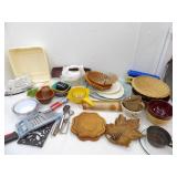 Kitchenware, Vintage Serving Trays, Stoneware Bowls, Utensils, Mixer, Iron and more