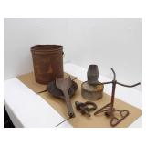 Vintage Metal Bucket, Metal Oil Lamp, Sprinkler, and more