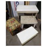 Vintage Padded Ottoman, White Pressed Wood Shoe Rack, 2 wooden side tables