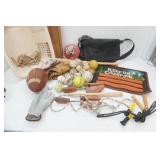 Laundry basket with Sports Balls, Gloves, Camping Mat, Shoe Stretcher, Vintage Childs Play Ironing Board