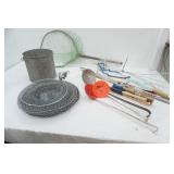 Vintage fishing jig sticks, net minnow bucket