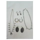 Jewelry Lot: Silver Toned Earrings and Necklace, Rhinestone Necklace