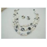 Vintage Glass White/Black Beaded Necklace with Clip Earrings