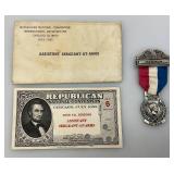 1952 REBUBLICAN National Convention Assistant Sergeant At Arms Certificate And Medal With Ribbon