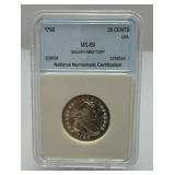 1796 25 Cents  1C MS-69  Gallery Mint COPY National Numismatic Certification Sealed In Case
