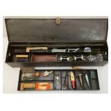 Antique Metal Tackle Box With Antique Wooden Lures And More