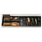 Antique Metal Tackle Box With Antique Wooden Lures And More