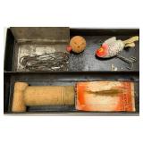 Antique Metal Tackle Box With Antique Wooden Lures And More