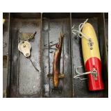 Antique Metal Tackle Box With Antique Wooden Lures And More