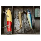 Antique Metal Tackle Box With Antique Wooden Lures And More