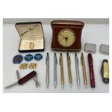 Misc. Vintage Collectible Items Including Gilbert Travel Clock, Pens, Pocket Knives And More