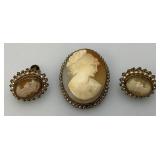 Vintage Exquisite Cameo Brooch/ Pendant And Earrings 1" x 1 1/4"