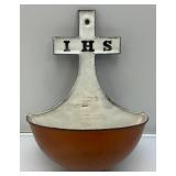 Heavy Cast Metal Porcelain Lined Holy Water Hanging Font/Stoupe 9 1/2" x 12 1/2"