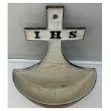 Heavy Cast Metal Porcelain Lined Holy Water Hanging Font/Stoupe 9 1/2" x 12 1/2"